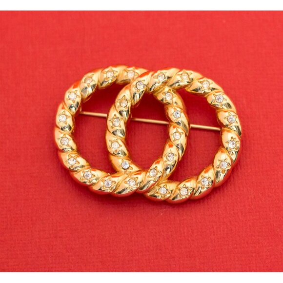 Vintage Two-Rope Circles With Sparkling Rhinestones Brooch - F9 - Picture 1 of 2